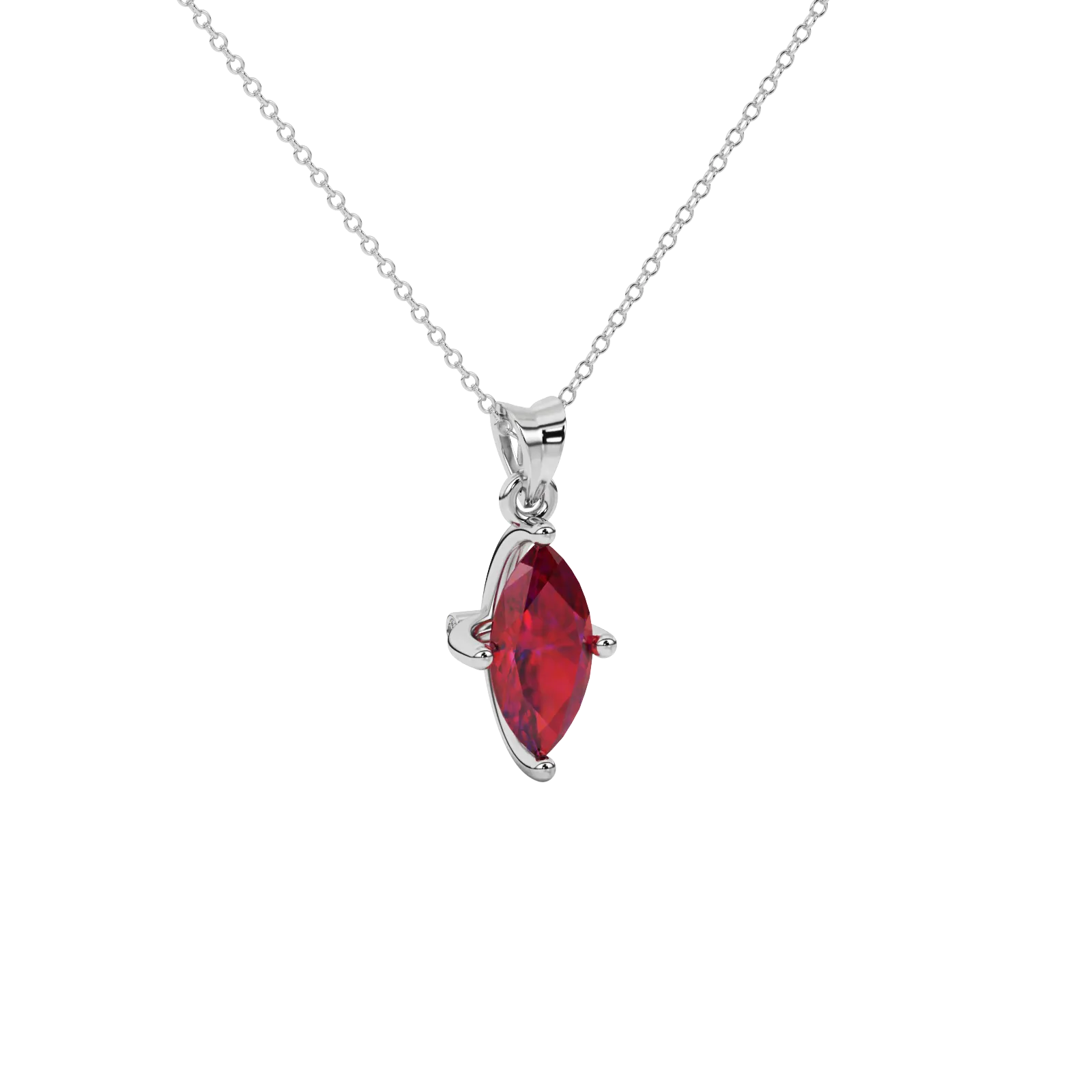 Macro shot, marquise cut raspberry red gemstone, white gold surprise diamond setting.