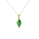 Close-up, marquise cut emerald green gemstone, yellow gold surprise diamond pendant.