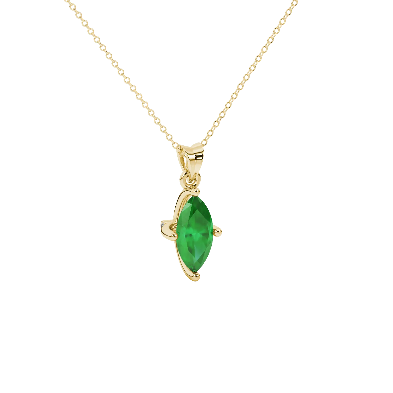 Close-up, marquise cut emerald green gemstone, yellow gold surprise diamond pendant.