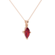 Close-up, marquise cut raspberry red gemstone pendant, rose gold surprise diamond setting.