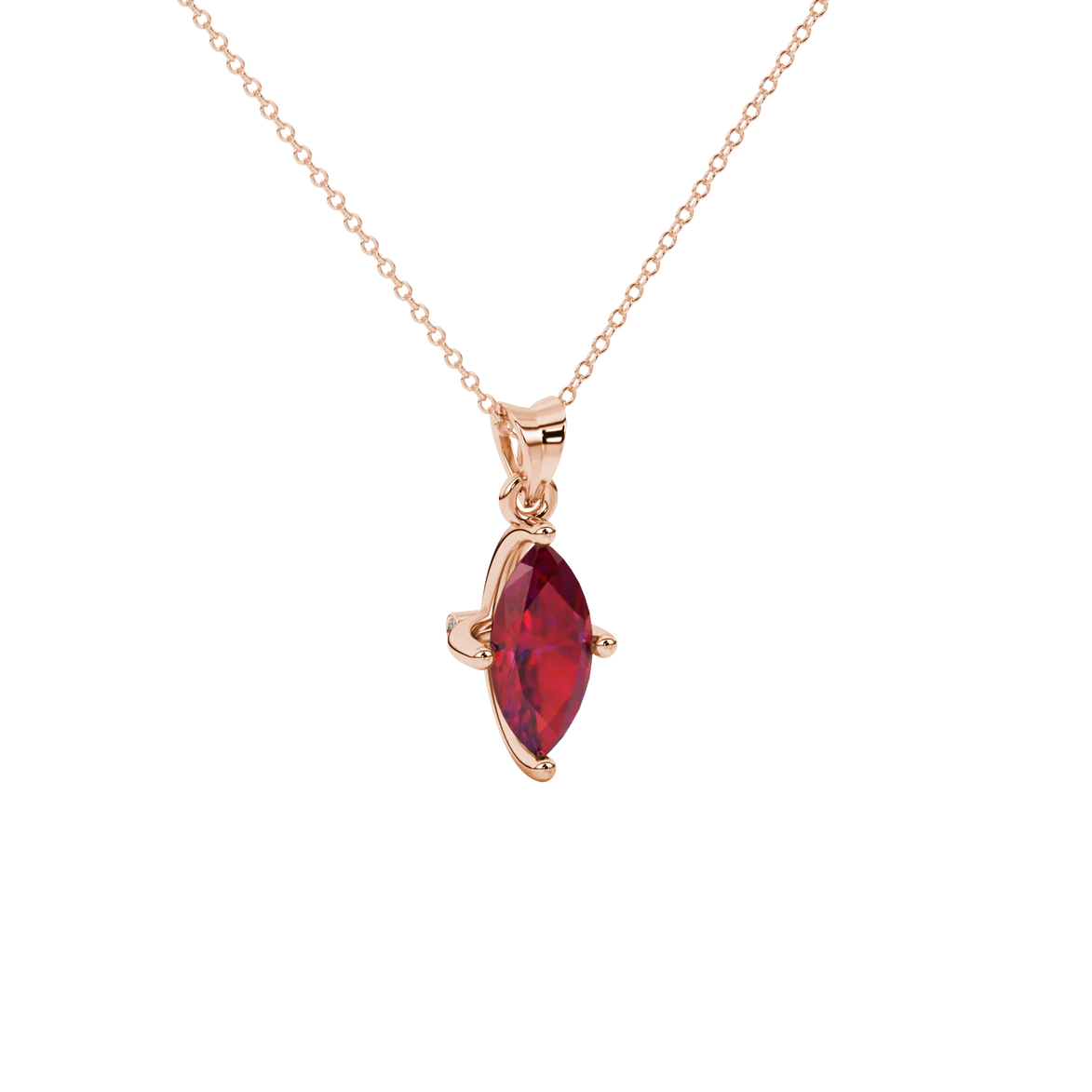 Close-up, marquise cut raspberry red gemstone pendant, rose gold surprise diamond setting.
