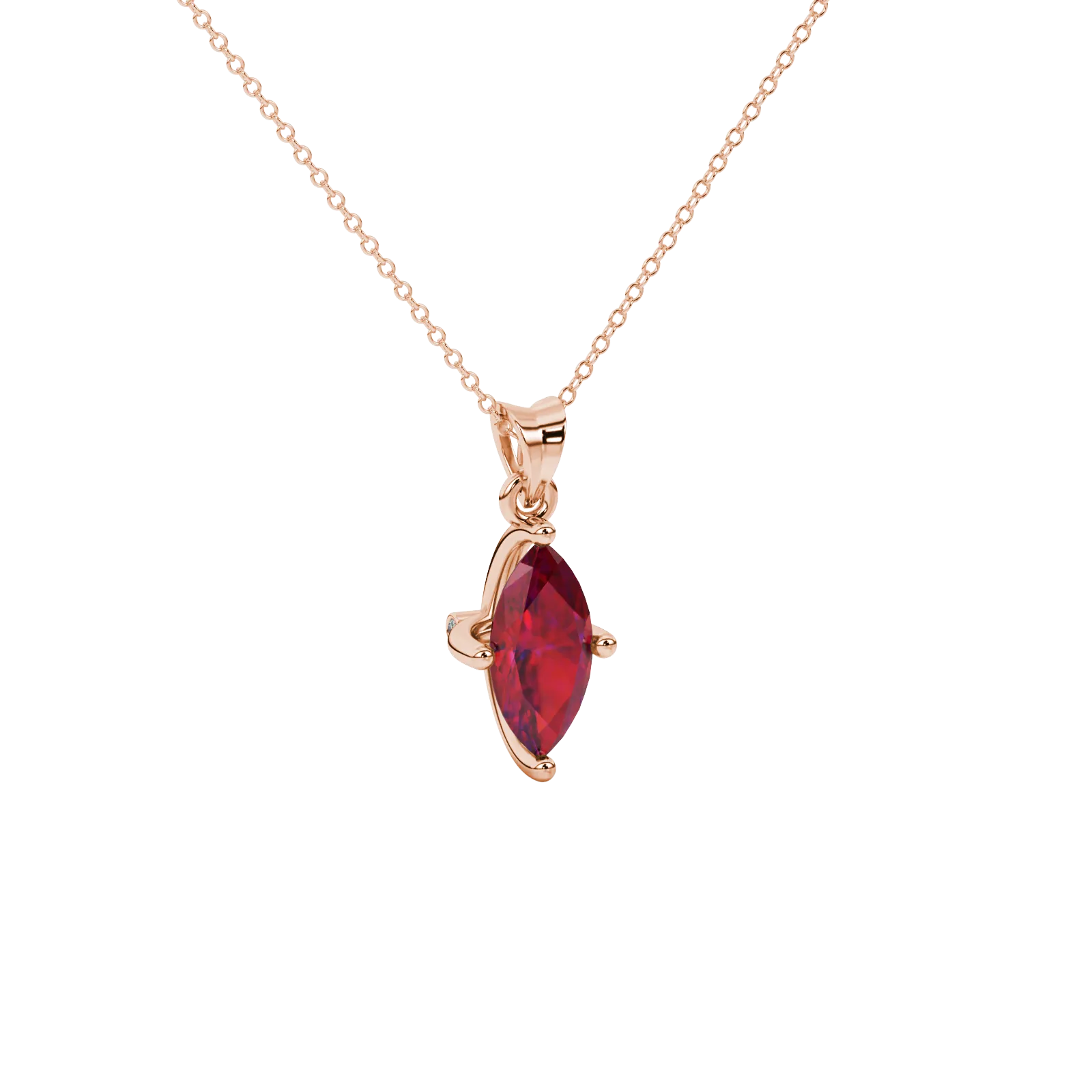 Close-up, marquise cut raspberry red gemstone pendant, rose gold surprise diamond setting.