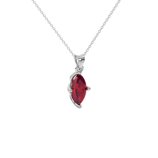 Close-up marquise cut raspberry red gemstone, white gold tulip basket.