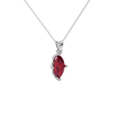 Close-up marquise cut raspberry red gemstone, white gold tulip basket.