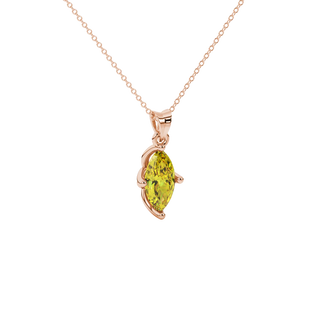 Close-up, marquise cut canary yellow gemstone pendant, rose gold tulip basket.