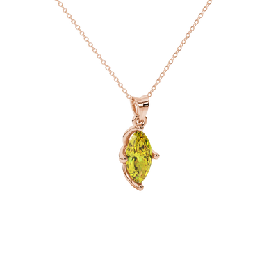 Close-up, marquise cut canary yellow gemstone pendant, rose gold tulip basket.