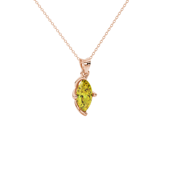Close-up, marquise cut canary yellow gemstone pendant, rose gold tulip basket.