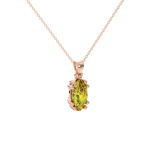 Close-up, marquise cut canary yellow gemstone pendant, rose gold vintage basket.