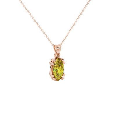 Close-up, marquise cut canary yellow gemstone pendant, rose gold vintage basket.