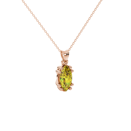 Close-up, marquise cut canary yellow gemstone pendant, rose gold vintage basket.