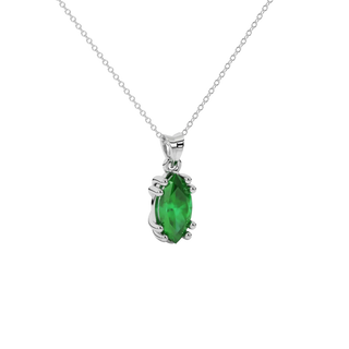 Close-up marquise cut emerald green gemstone, white gold vintage basket.