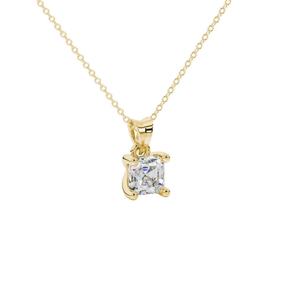 Asscher cut gemstone solitaire pendant in gold with classic four-prong basket setting