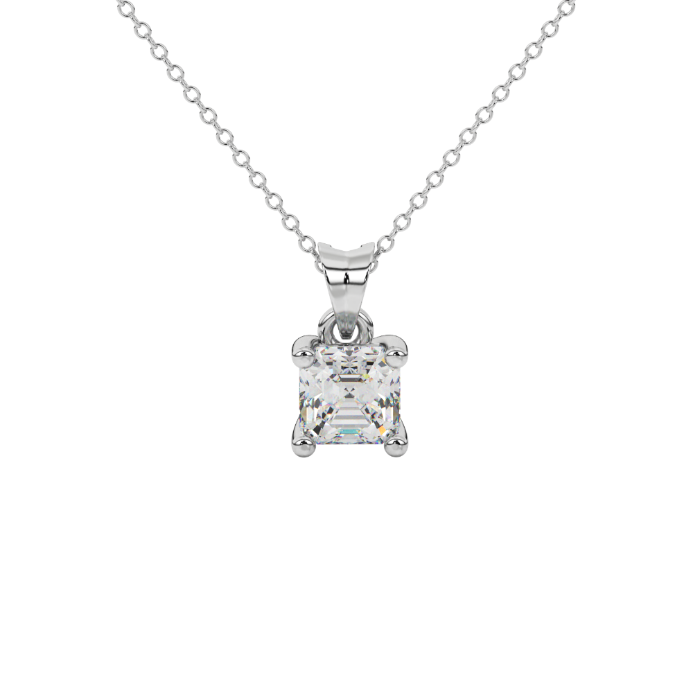 Asscher cut gemstone solitaire pendant in gold with classic four-prong basket setting