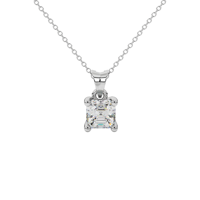 Asscher cut gemstone solitaire pendant in gold with classic four-prong basket setting