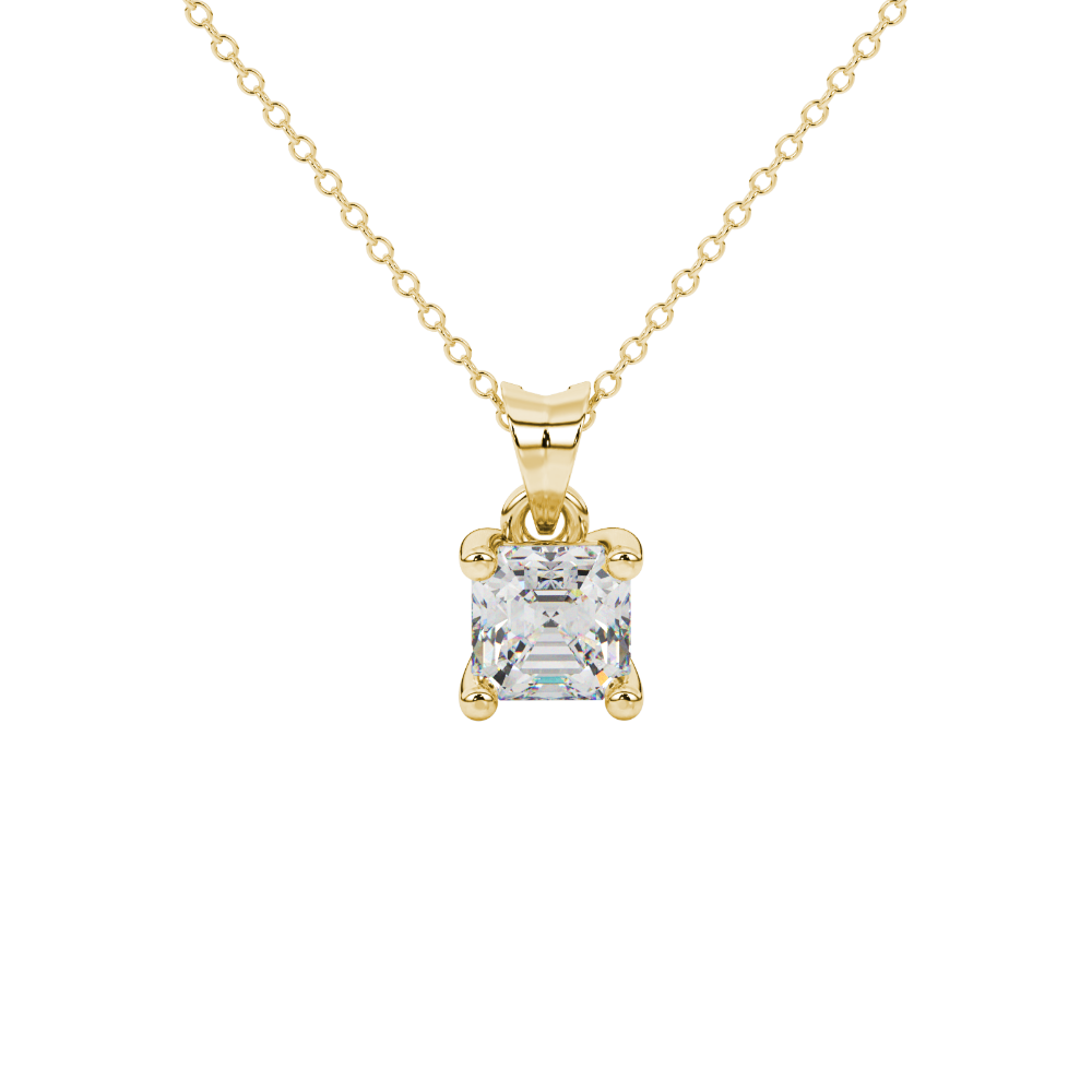Asscher cut gemstone solitaire pendant in gold with classic four-prong basket setting