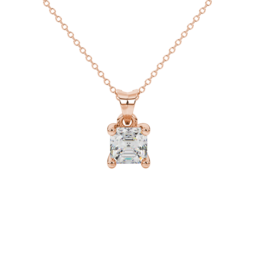 Asscher cut gemstone solitaire pendant in gold with classic four-prong basket setting