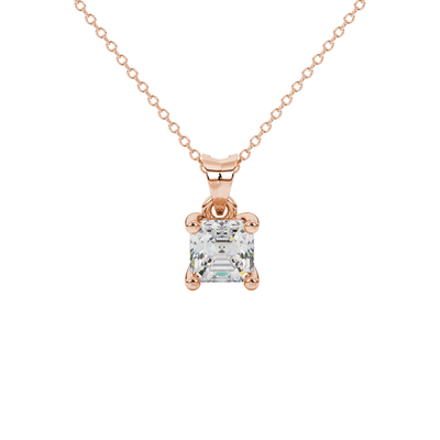 Asscher cut gemstone solitaire pendant in gold with classic four-prong basket setting