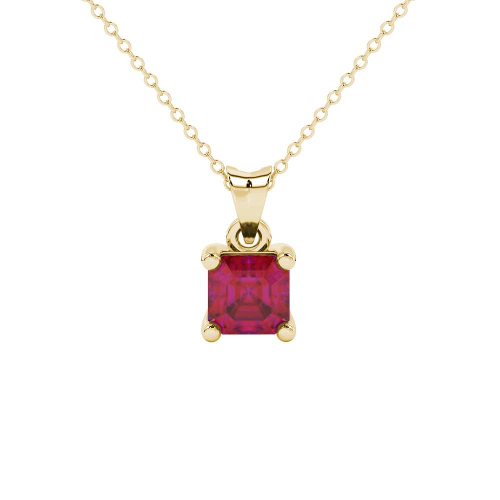 Asscher cut gemstone solitaire pendant in gold with secure four-prong basket setting
