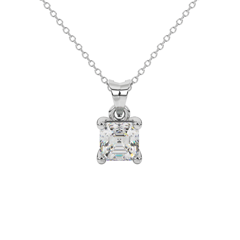 Asscher cut gemstone solitaire pendant in gold with secure four-prong basket setting
