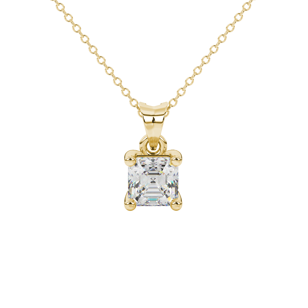 Asscher cut gemstone solitaire pendant in gold with secure four-prong basket setting