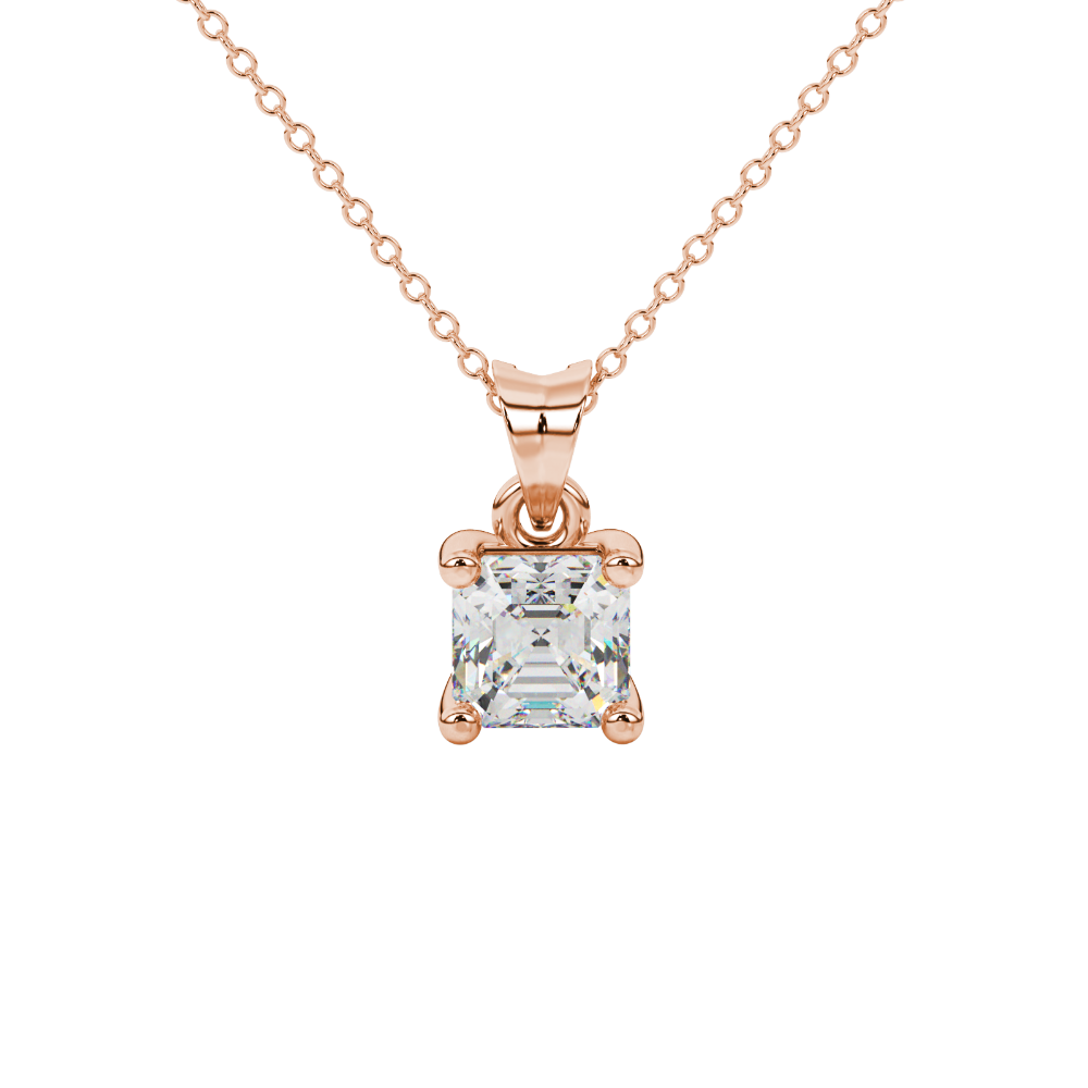 Asscher cut gemstone solitaire pendant in gold with secure four-prong basket setting