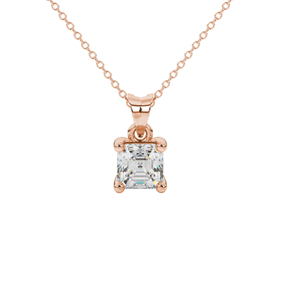 Asscher cut gemstone solitaire pendant in gold with secure four-prong basket setting