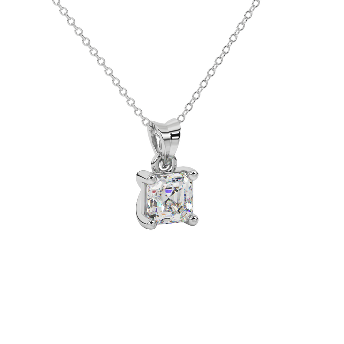 Asscher cut gemstone solitaire pendant in gold with secure four-prong basket setting
