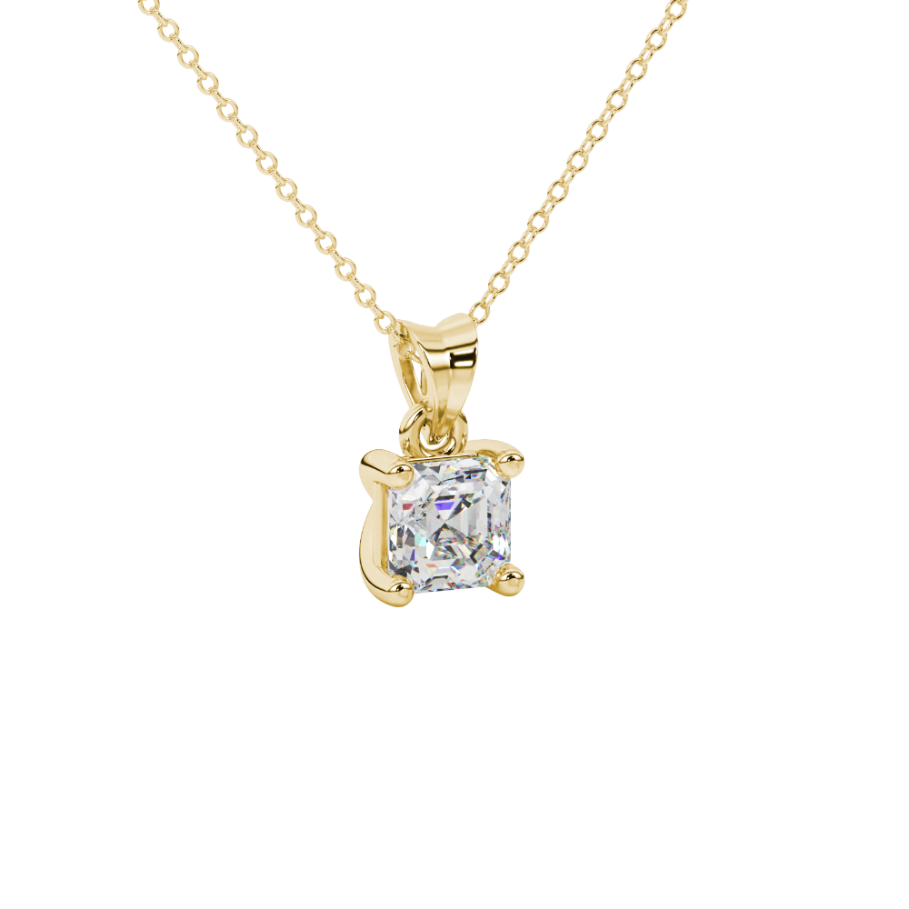Asscher cut gemstone solitaire pendant in gold with secure four-prong basket setting