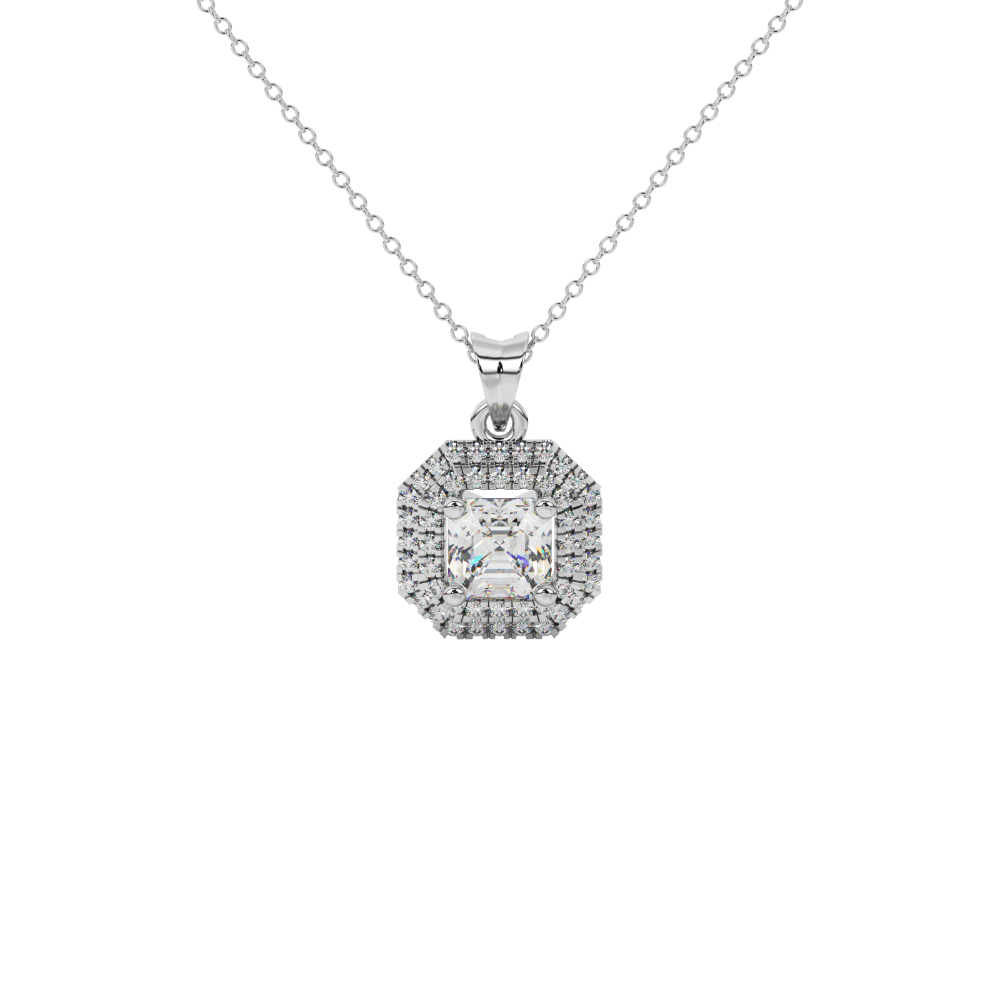 Octagon halo gemstone pendant in gold featuring an Asscher cut center gemstone surrounded by sparkling round accent diamonds