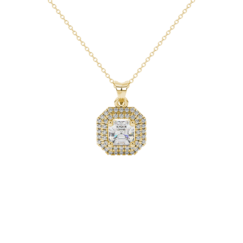 Octagon halo gemstone pendant in gold featuring an Asscher cut center gemstone surrounded by sparkling round accent diamonds