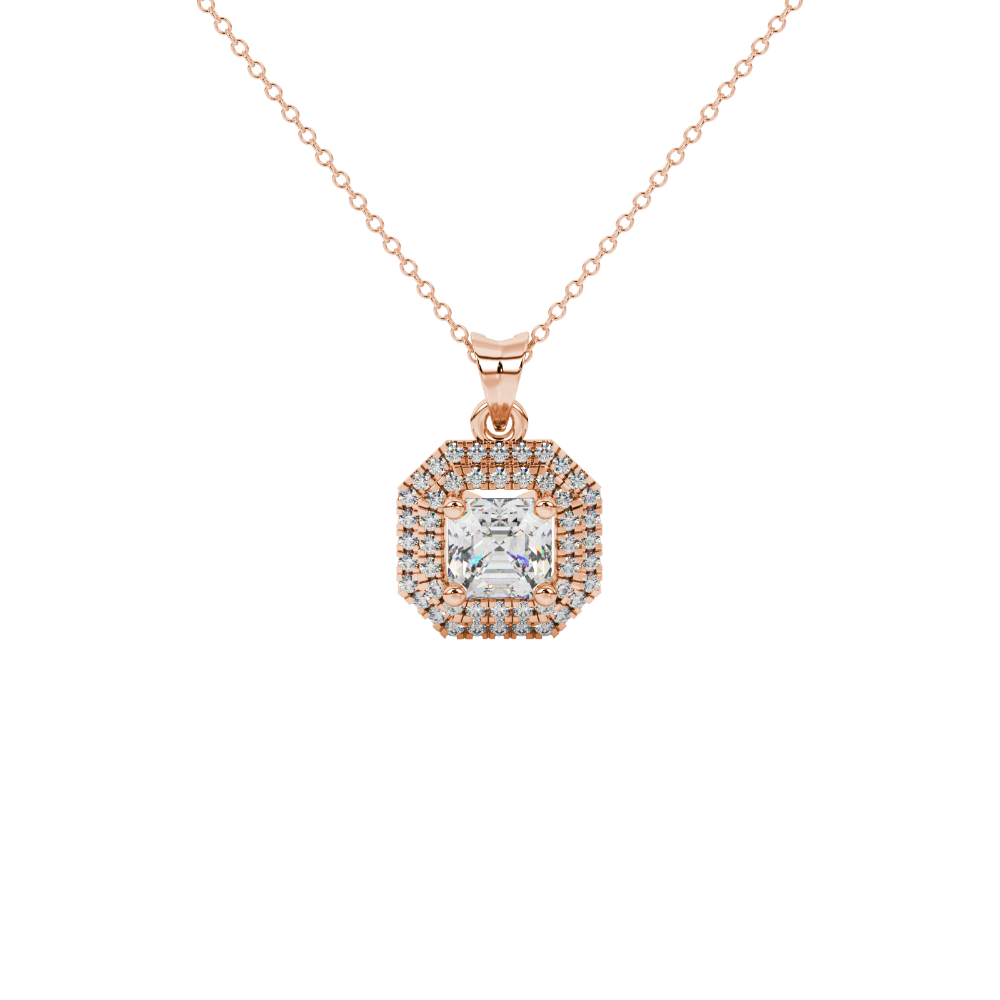 Octagon halo gemstone pendant in gold featuring an Asscher cut center gemstone surrounded by sparkling round accent diamonds