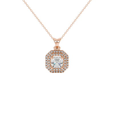 Octagon halo gemstone pendant in gold featuring an Asscher cut center gemstone surrounded by sparkling round accent diamonds