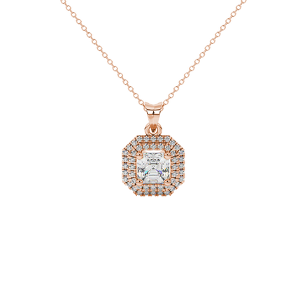 Octagon halo gemstone pendant in gold featuring an Asscher cut center gemstone surrounded by sparkling round accent diamonds