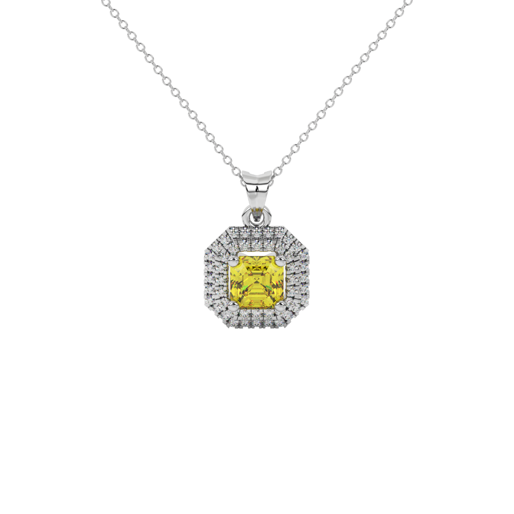 Octagon halo gemstone pendant in gold featuring an Asscher cut center gemstone surrounded by sparkling round accent diamonds