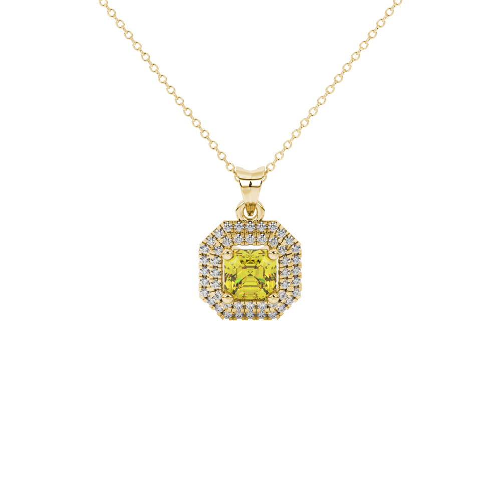 Octagon halo gemstone pendant in gold featuring an Asscher cut center gemstone surrounded by sparkling round accent diamonds