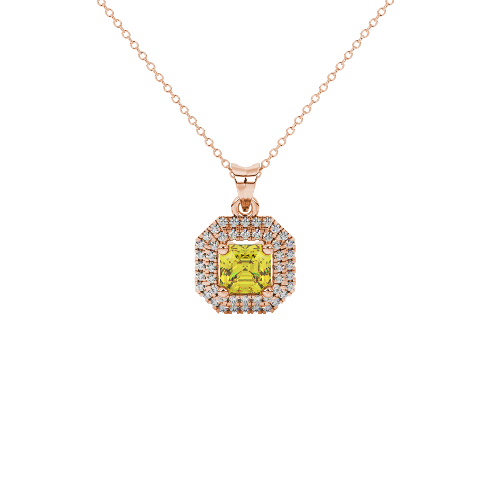 Octagon halo gemstone pendant in gold featuring an Asscher cut center gemstone surrounded by sparkling round accent diamonds