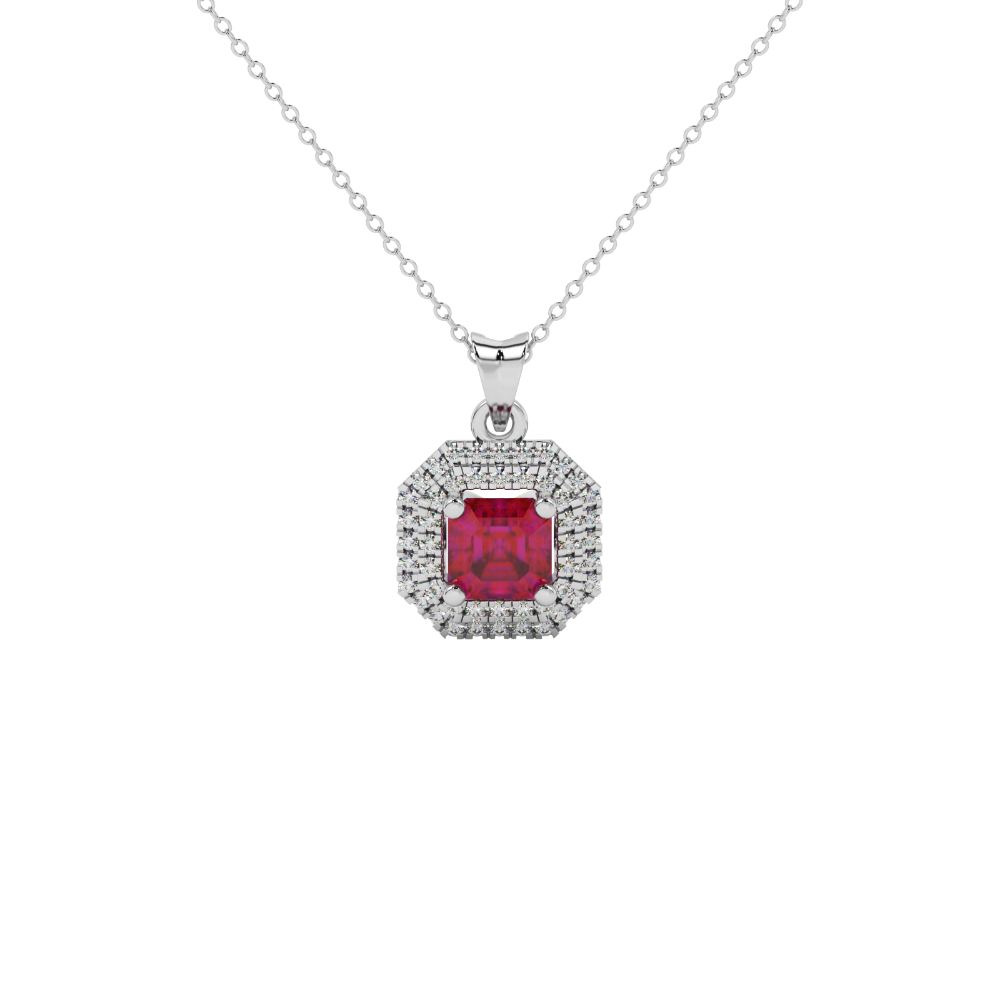 Octagon halo gemstone pendant in gold featuring an Asscher cut center gemstone surrounded by sparkling round accent diamonds