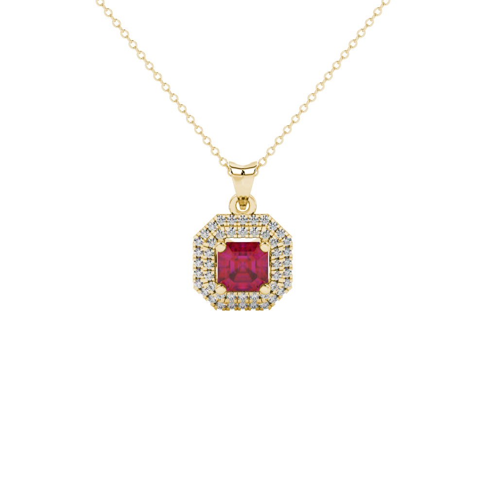 Octagon halo gemstone pendant in gold featuring an Asscher cut center gemstone surrounded by sparkling round accent diamonds