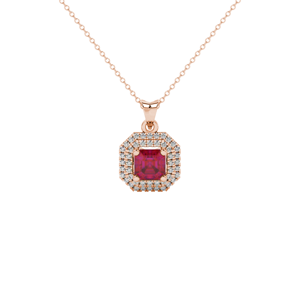 Octagon halo gemstone pendant in gold featuring an Asscher cut center gemstone surrounded by sparkling round accent diamonds