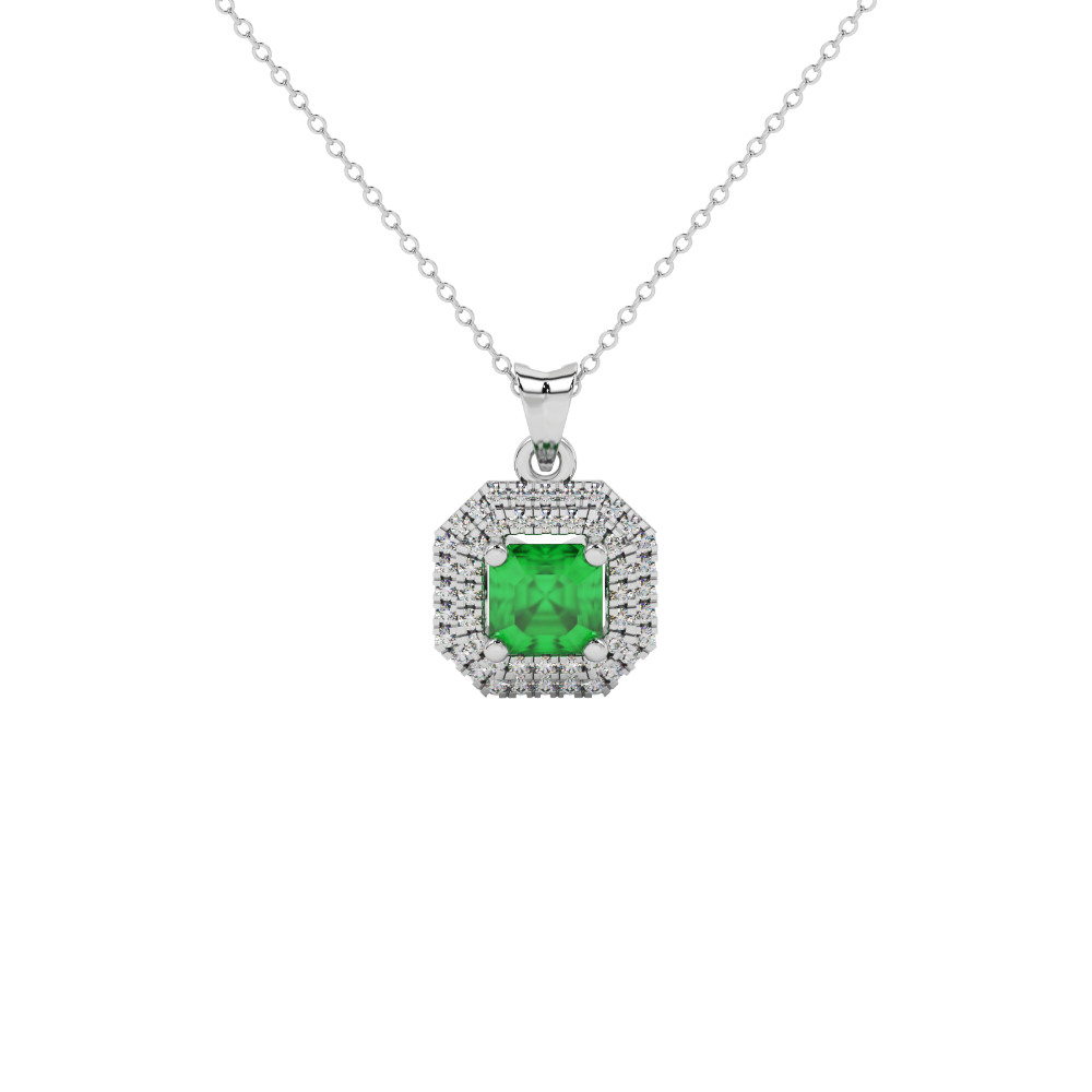 Octagon halo gemstone pendant in gold featuring an Asscher cut center gemstone surrounded by sparkling round accent diamonds