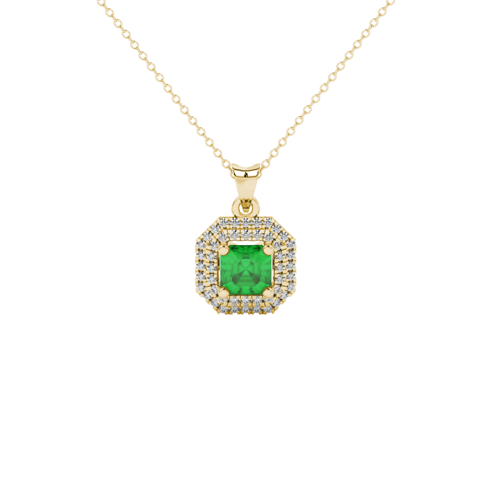 Octagon halo gemstone pendant in gold featuring an Asscher cut center gemstone surrounded by sparkling round accent diamonds
