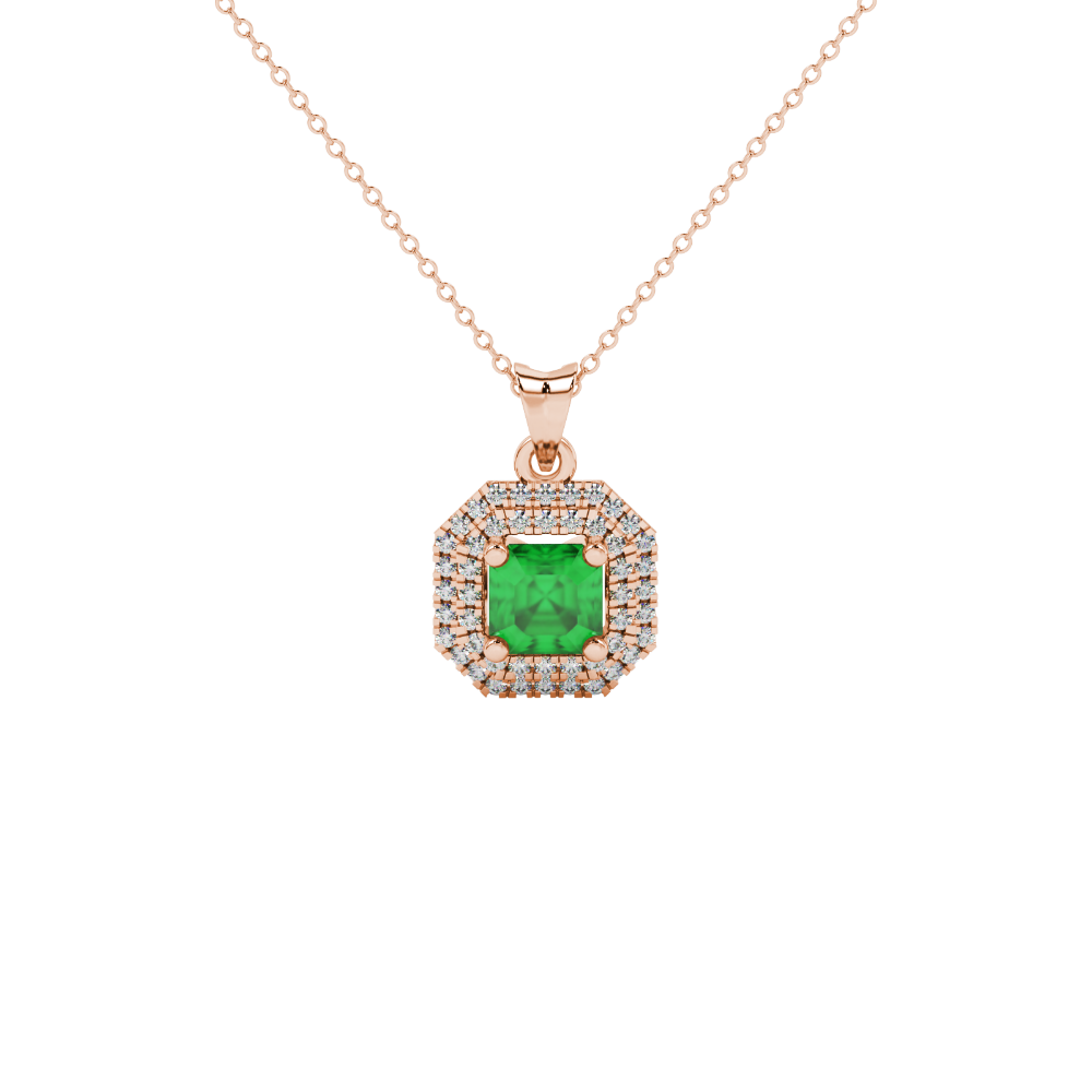 Octagon halo gemstone pendant in gold featuring an Asscher cut center gemstone surrounded by sparkling round accent diamonds