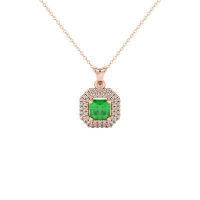 Octagon halo gemstone pendant in gold featuring an Asscher cut center gemstone surrounded by sparkling round accent diamonds