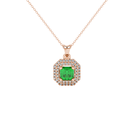 Octagon halo gemstone pendant in gold featuring an Asscher cut center gemstone surrounded by sparkling round accent diamonds