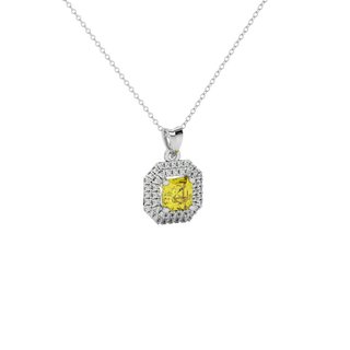 canary yellow gemstone double halo pendant in white gold
