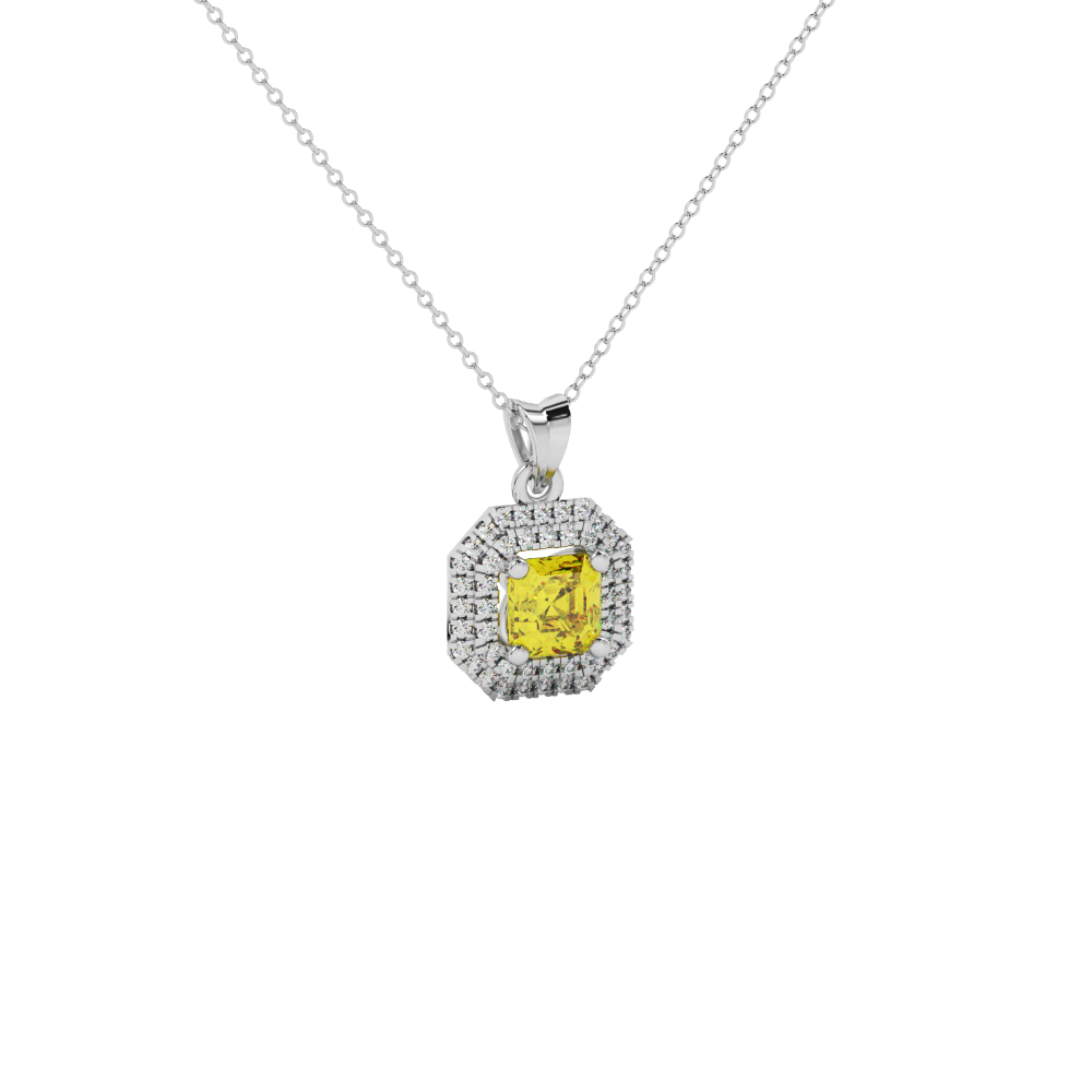 Octagon halo gemstone pendant in gold featuring an Asscher cut center gemstone surrounded by sparkling round accent diamonds