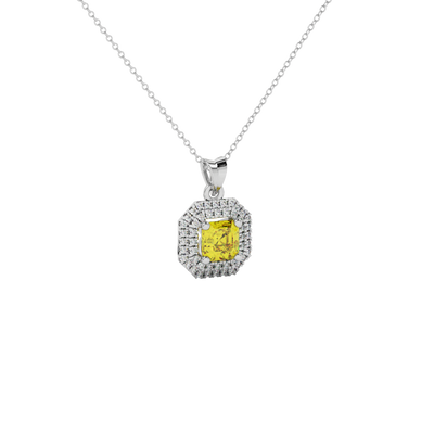 canary yellow gemstone double halo pendant in white gold
