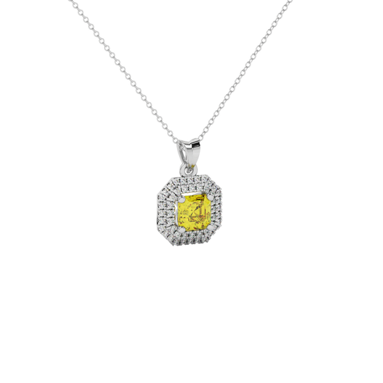 canary yellow gemstone double halo pendant in white gold
