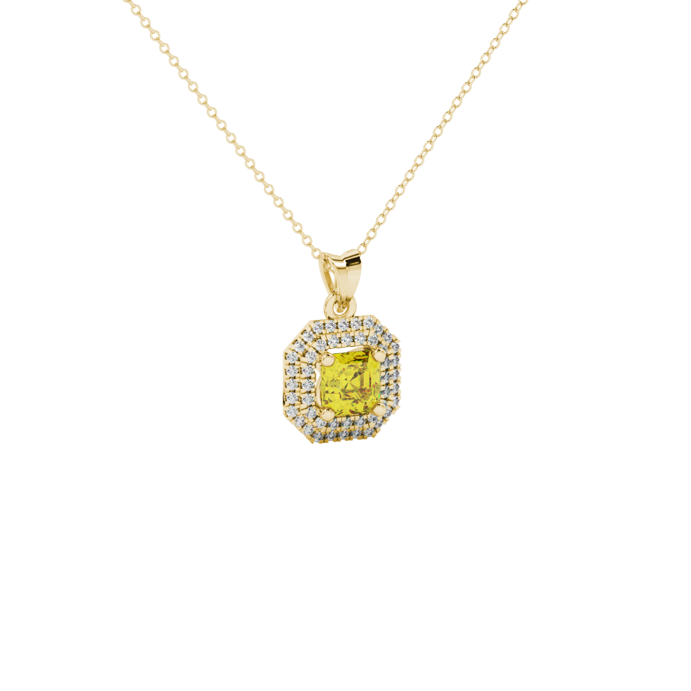 Octagon halo gemstone pendant in gold featuring an Asscher cut center gemstone surrounded by sparkling round accent diamonds