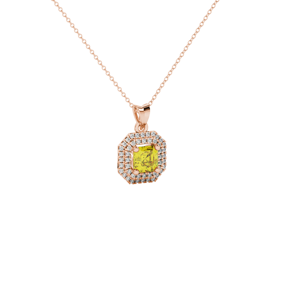 Octagon halo gemstone pendant in gold featuring an Asscher cut center gemstone surrounded by sparkling round accent diamonds